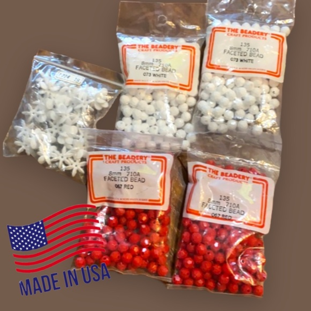 5 bags‎ plastic beads Faceted red & white